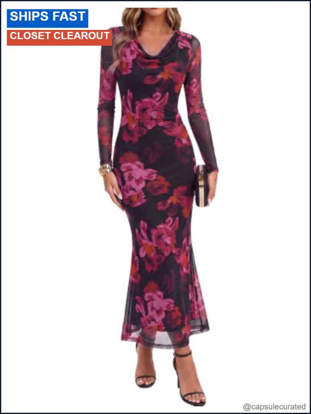 Long Sleeve Sheer Mesh Floral Mermaid Maxi Dress Formal Wedding Guest